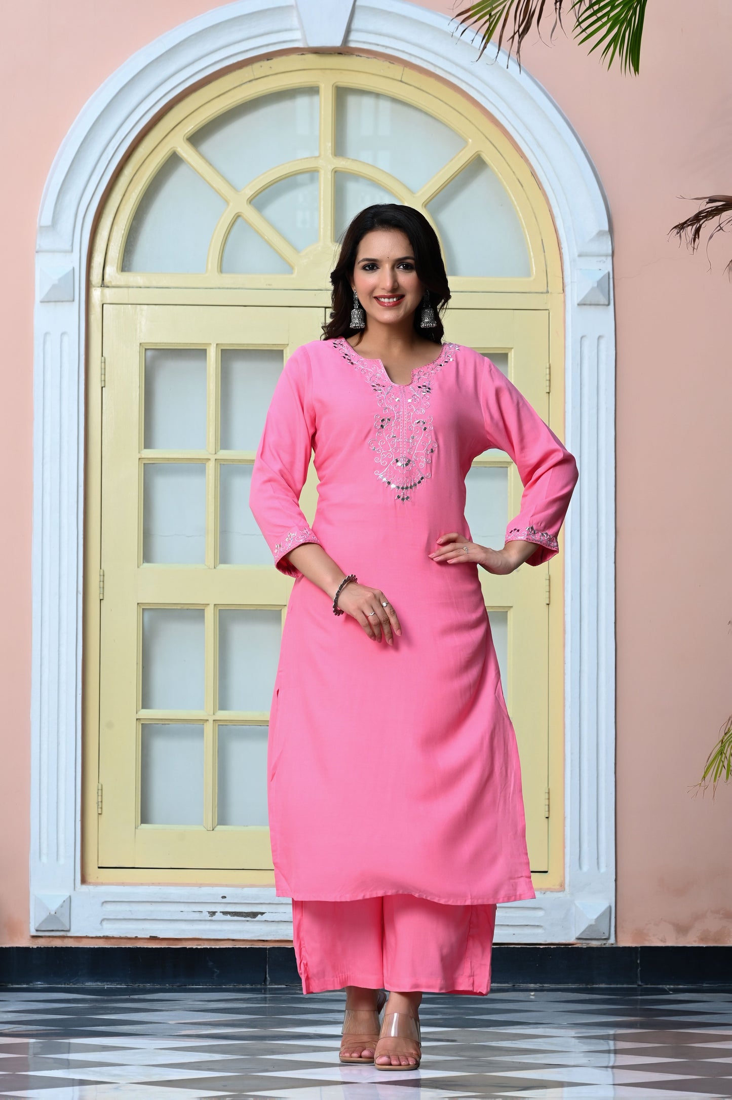 Taffy Pink Embroidered Mirror Work Rayon Kurta with Palazzo