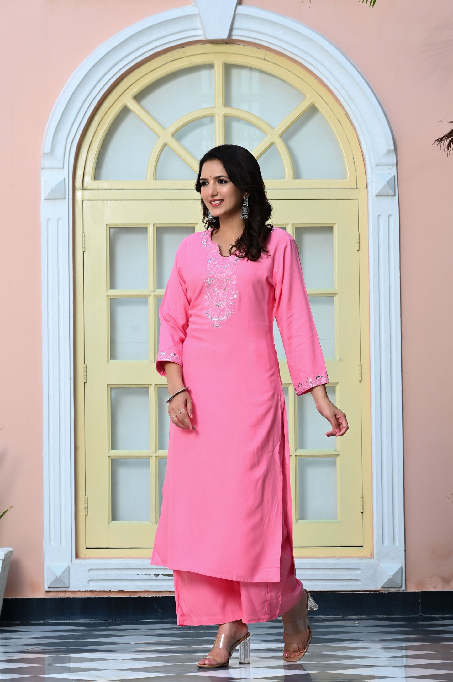 Taffy Pink Embroidered Mirror Work Rayon Kurta with Palazzo