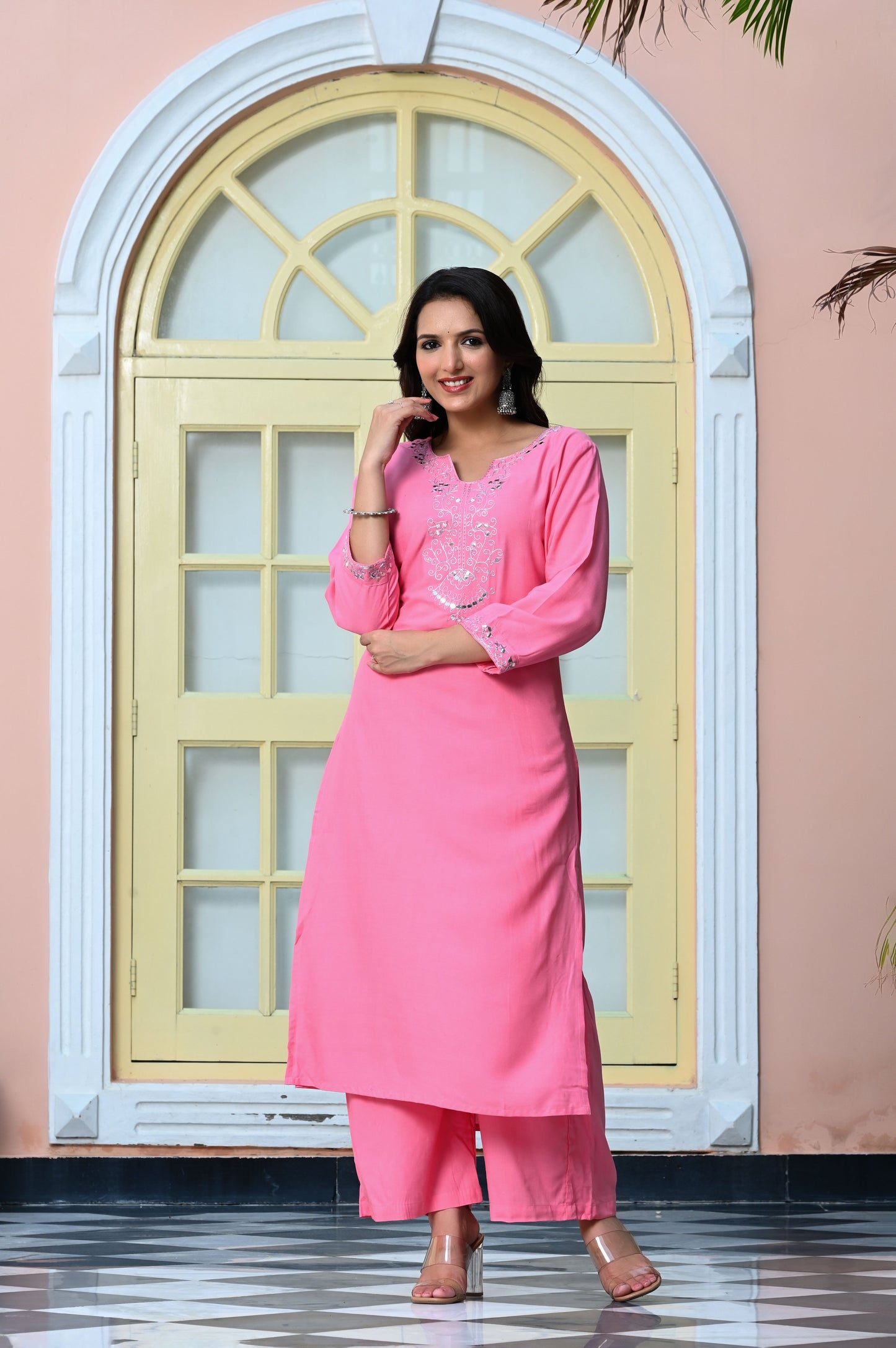 Taffy Pink Embroidered Mirror Work Rayon Kurta with Palazzo