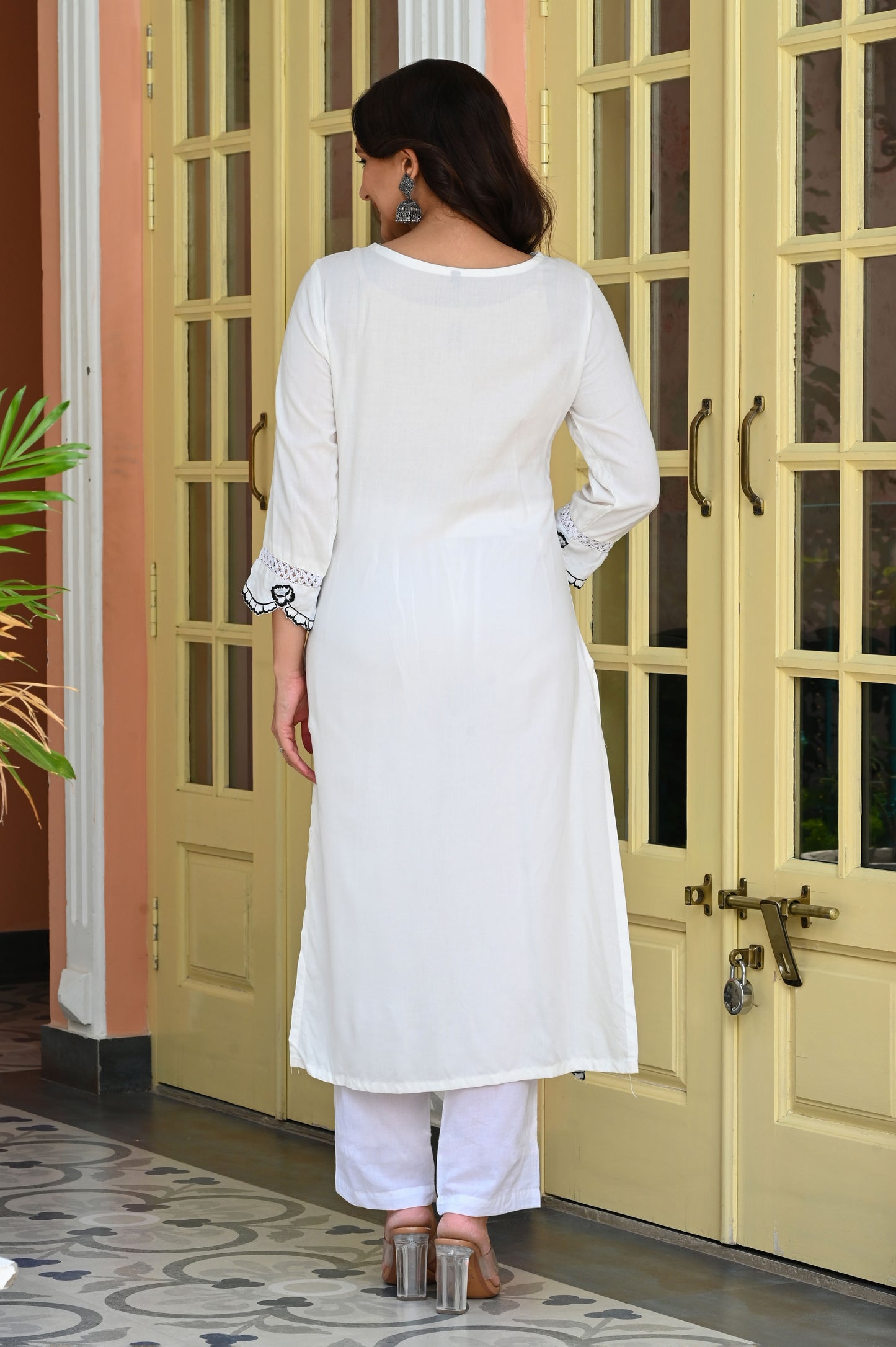 White & Black Floral Embroidered Rayon Kurta with Trousers & Organza Dupatta