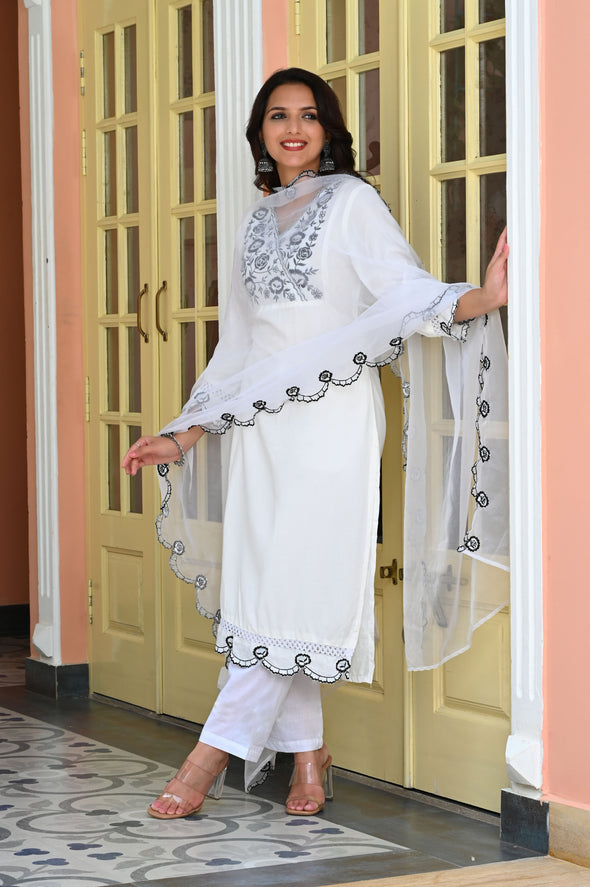 White & Black Floral Embroidered Rayon Kurta with Trousers & Organza Dupatta