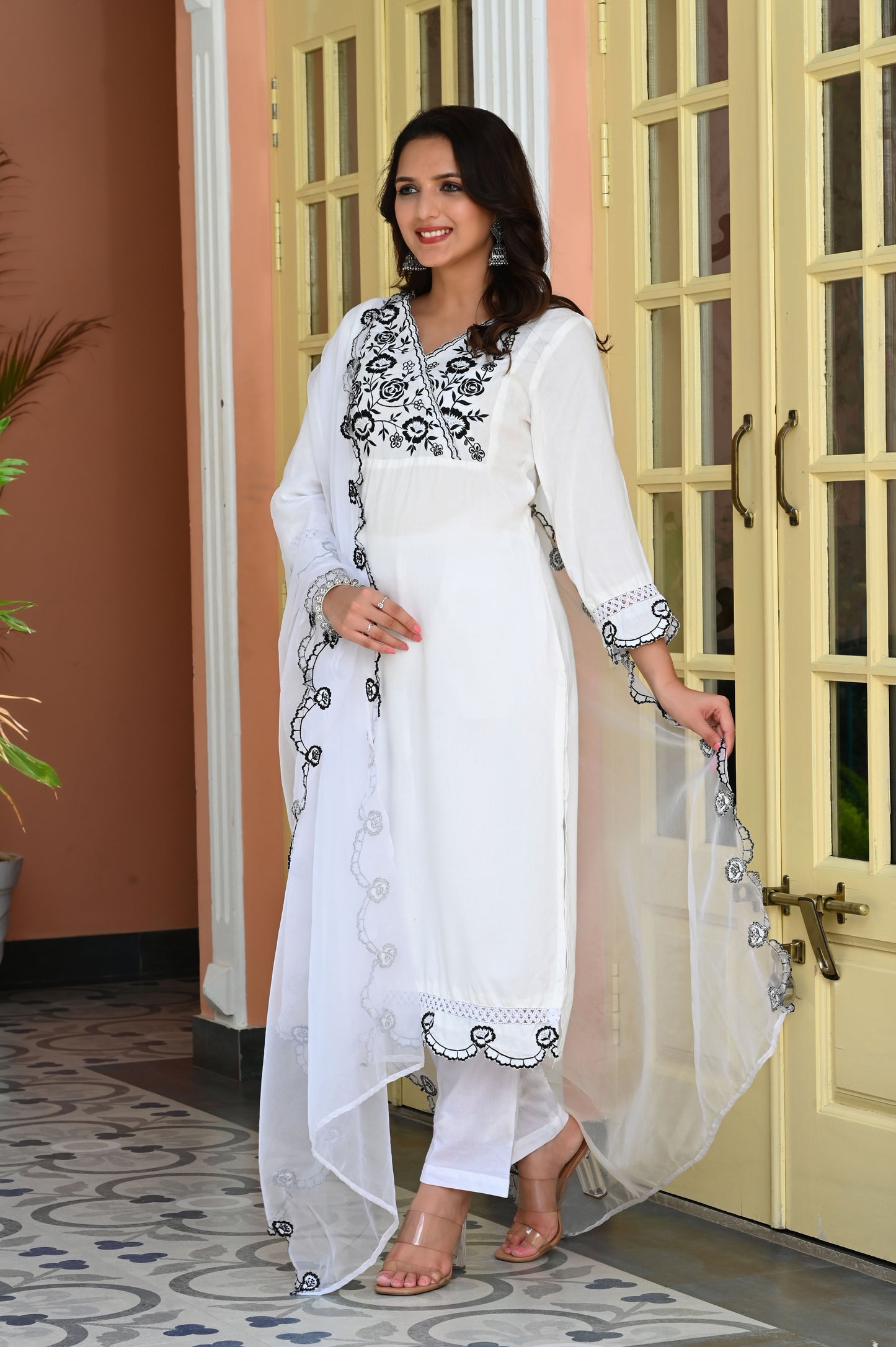 White & Black Floral Embroidered Rayon Kurta with Trousers & Organza Dupatta