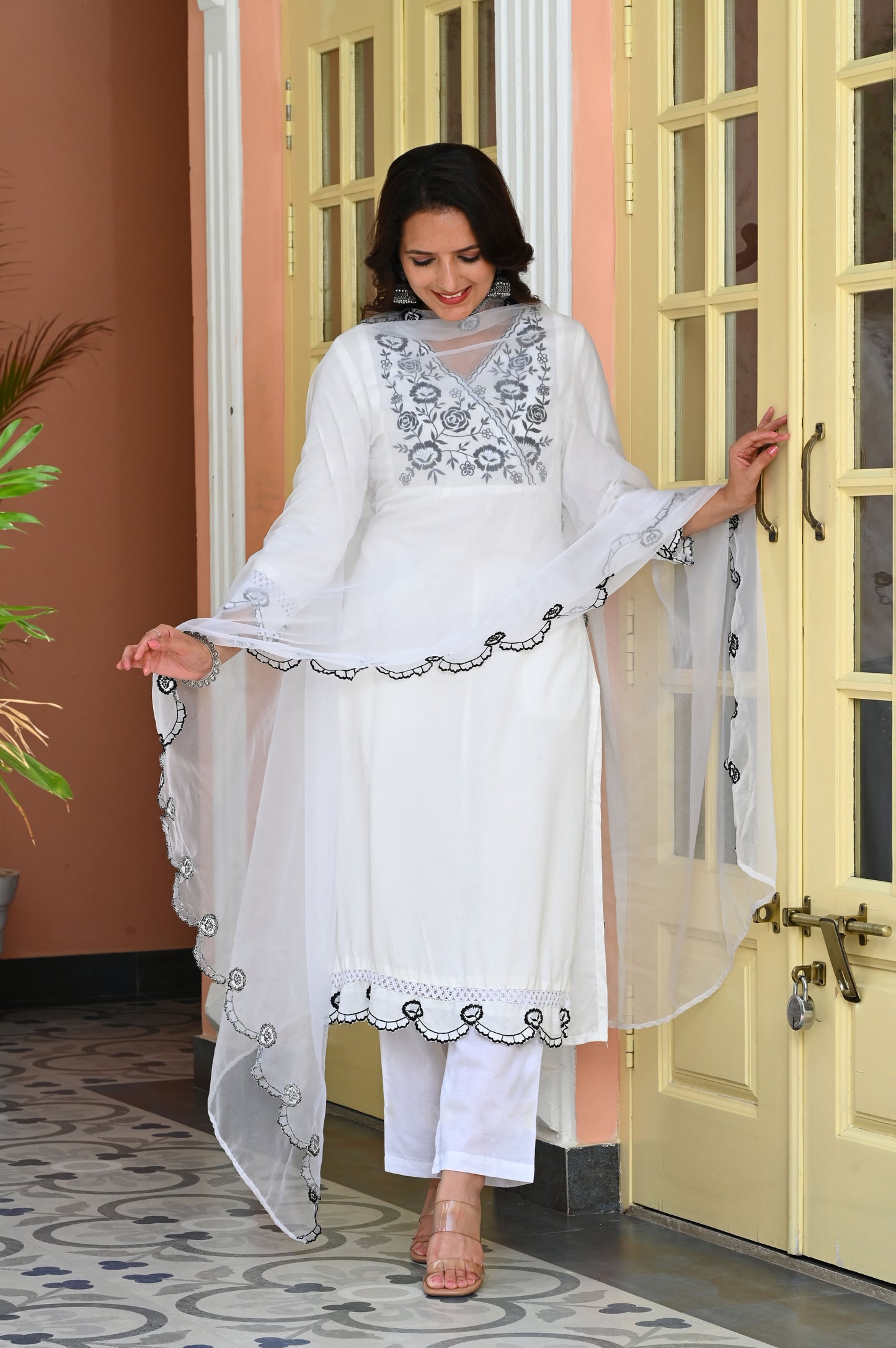 White & Black Floral Embroidered Rayon Kurta with Trousers & Organza Dupatta