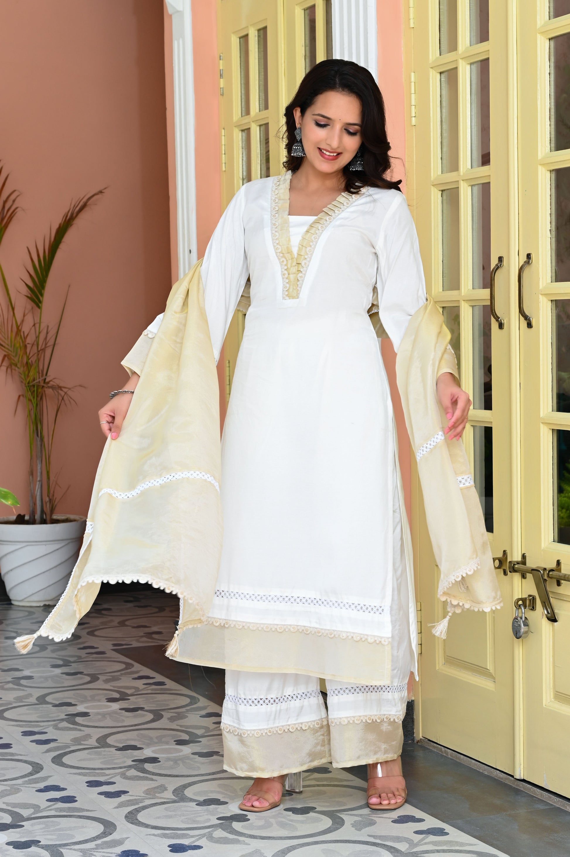 White & Gold Fancy Lace Work Yoke Muslin Kurta with Trousers & Tissue Organza Dupatta-SHKUP1416