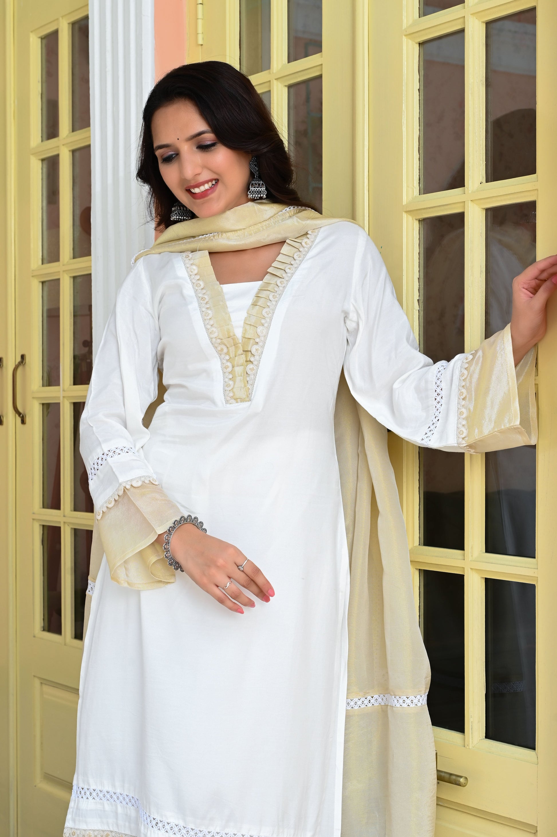 White & Gold Fancy Lace Work Yoke Muslin Kurta with Trousers & Tissue Organza Dupatta-SHKUP1416