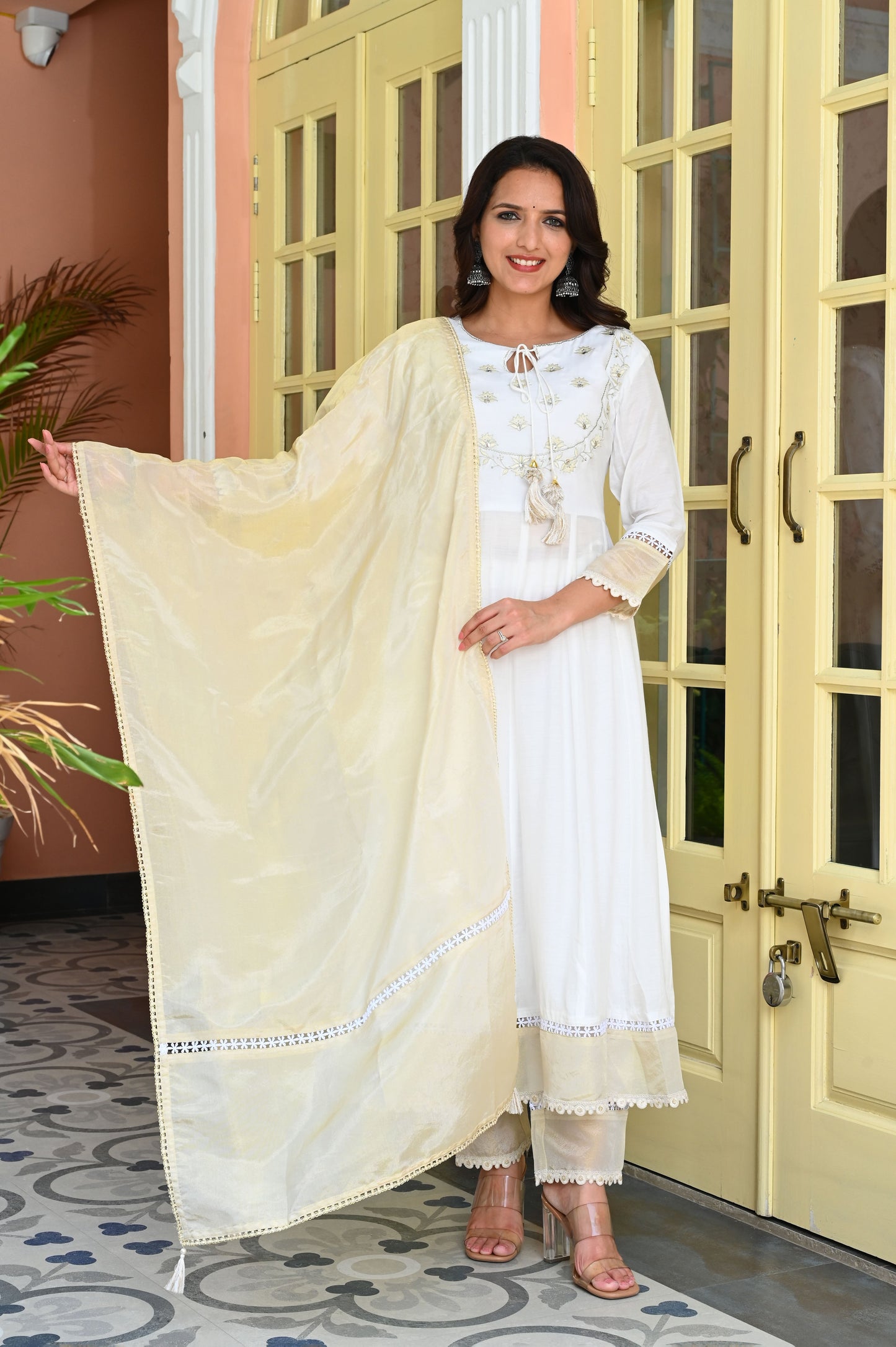 White & Gold Floral Embroidered Muslin Kurta with Trousers & Tissue Organza Dupatta