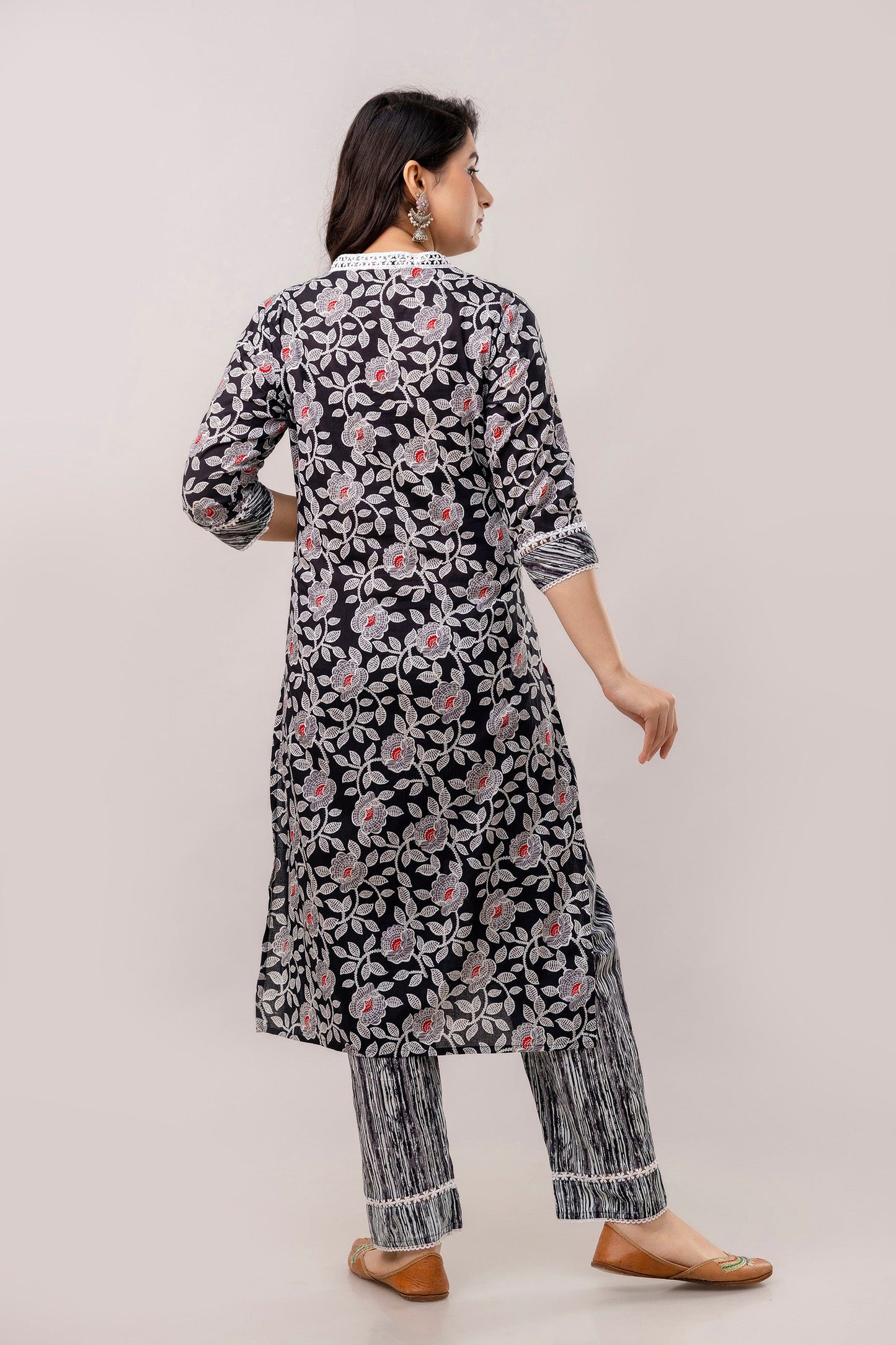 Black Floral Printed Pure Cotton Kurta with Trousers & Mulmul Dupatta