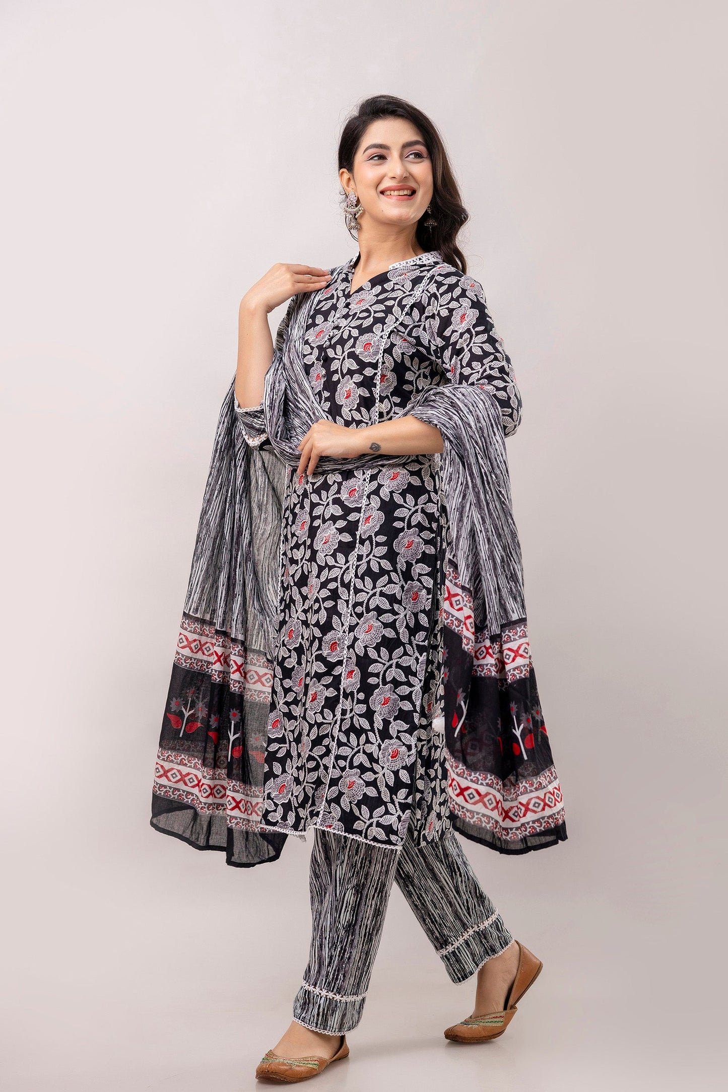 Black Floral Printed Pure Cotton Kurta with Trousers & Mulmul Dupatta