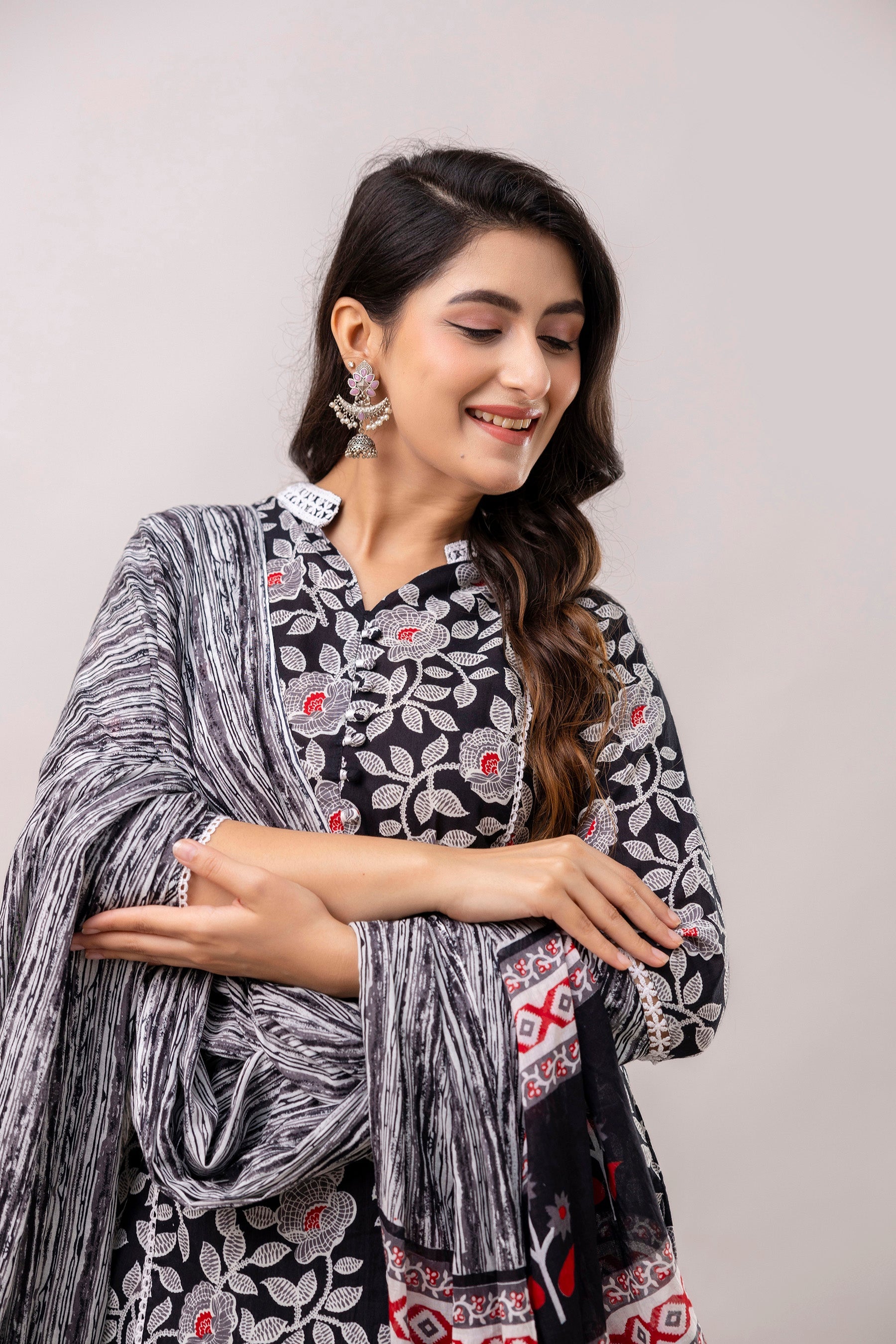 Black Floral Printed Pure Cotton Kurta with Trousers & Mulmul Dupatta