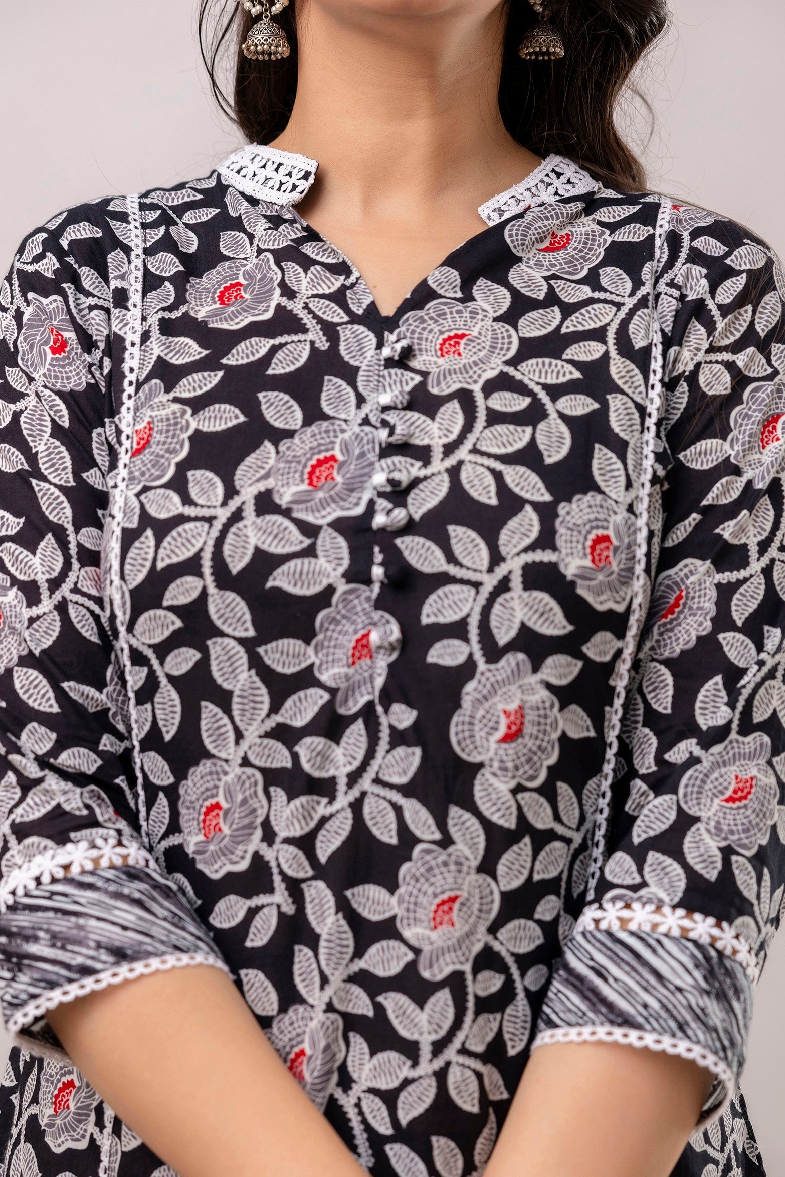 Black Floral Printed Pure Cotton Kurta with Trousers & Mulmul Dupatta