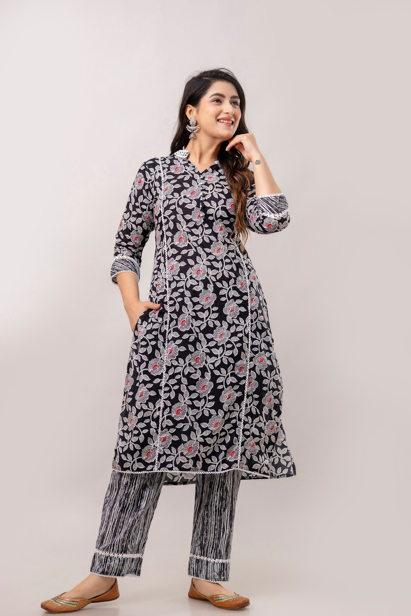 Black Floral Printed Pure Cotton Kurta with Trousers & Mulmul Dupatta