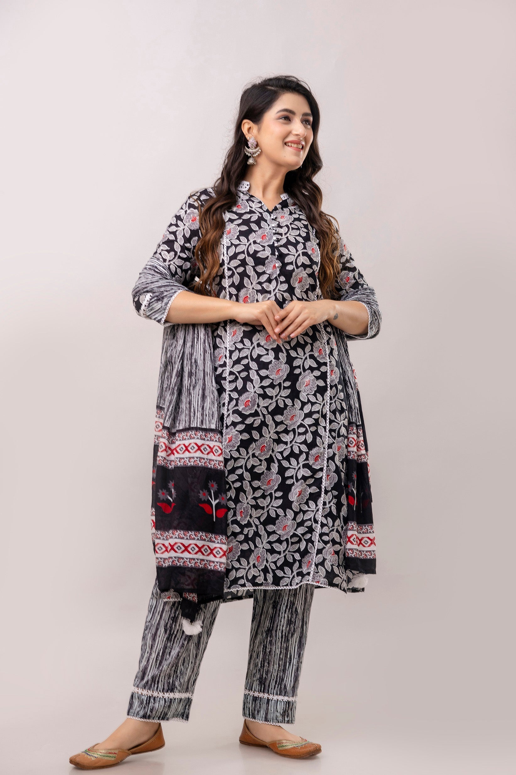 Black Floral Printed Pure Cotton Kurta with Trousers & Mulmul Dupatta