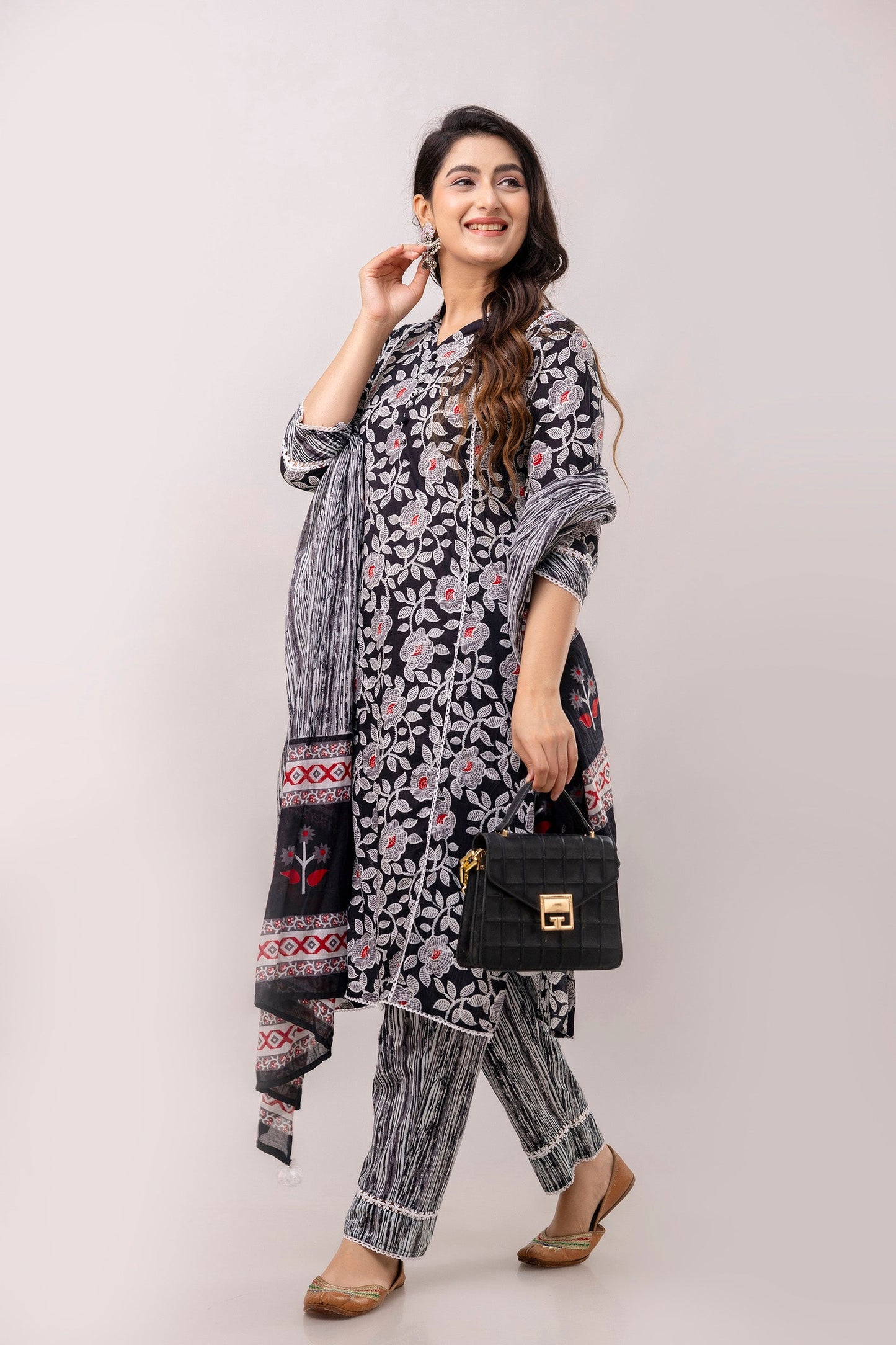 Black Floral Printed Pure Cotton Kurta with Trousers & Mulmul Dupatta