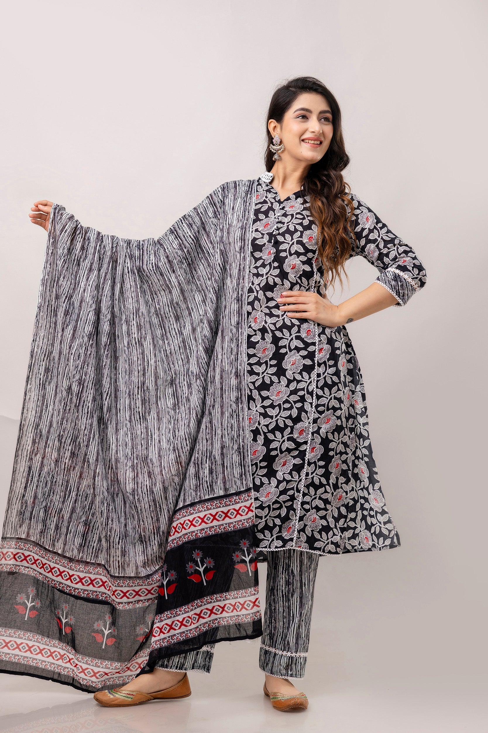 Black Floral Printed Pure Cotton Kurta with Trousers & Mulmul Dupatta