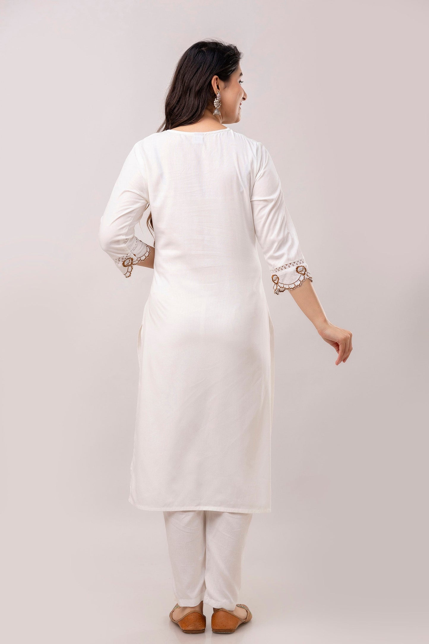 White & Brown Floral Embroidered Rayon Kurta with Trousers & Organza Dupatta-FrionKandy