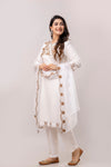 White & Brown Floral Embroidered Rayon Kurta with Trousers & Organza Dupatta-FrionKandy