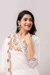 White & Brown Floral Embroidered Rayon Kurta with Trousers & Organza Dupatta-FrionKandy