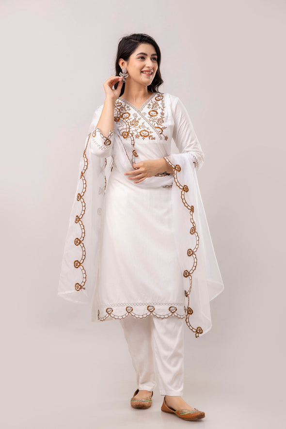 White & Brown Floral Embroidered Rayon Kurta with Trousers & Organza Dupatta-FrionKandy