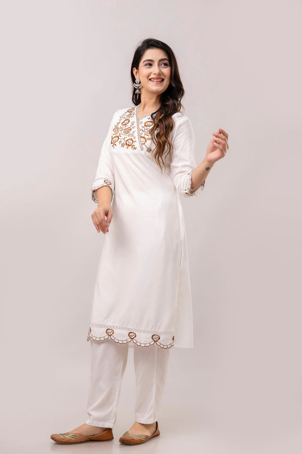 White & Brown Floral Embroidered Rayon Kurta with Trousers & Organza Dupatta-FrionKandy