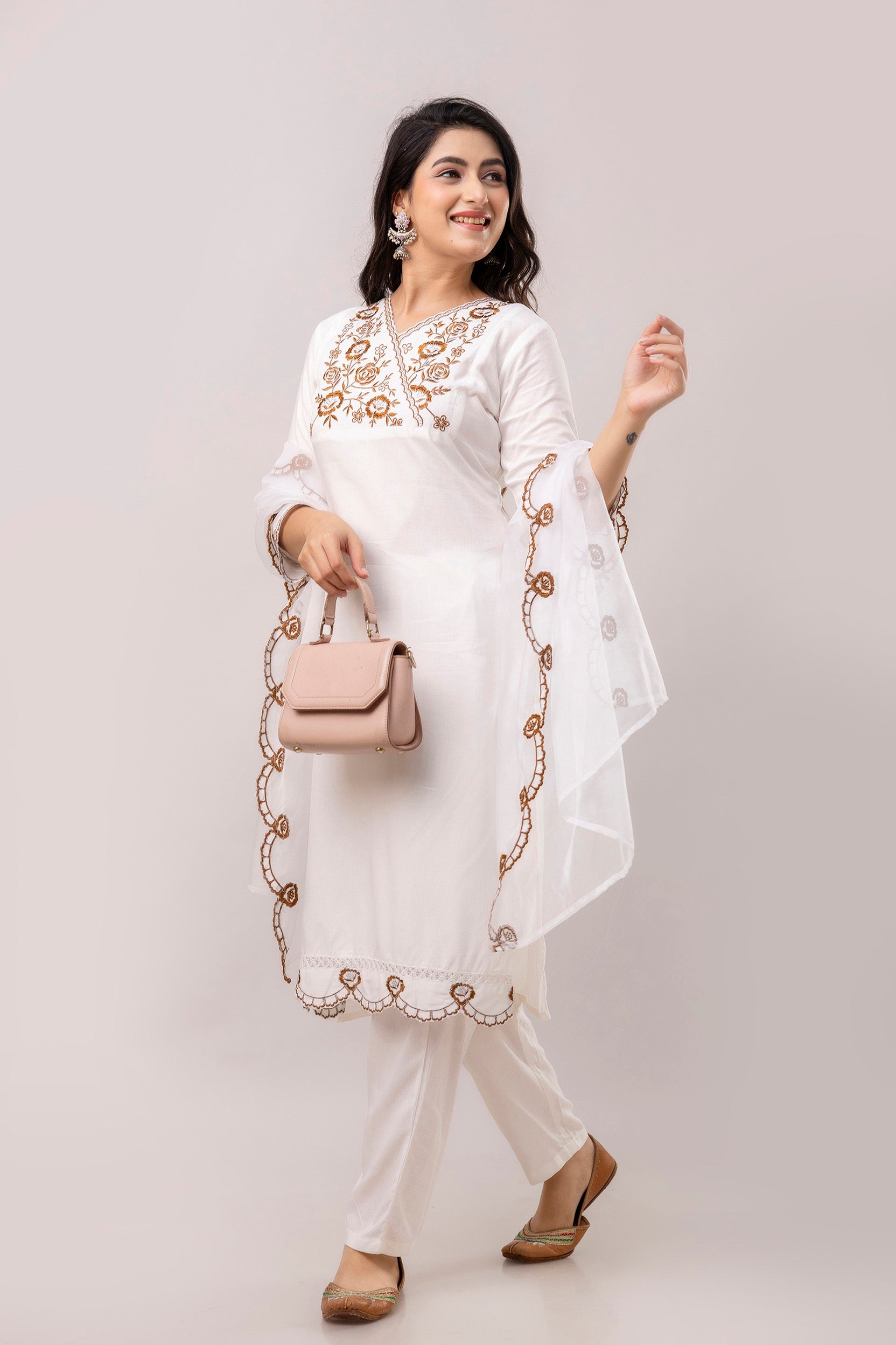 White & Brown Floral Embroidered Rayon Kurta with Trousers & Organza Dupatta-FrionKandy