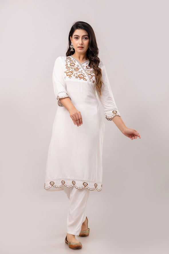 White & Brown Floral Embroidered Rayon Kurta with Trousers & Organza Dupatta-FrionKandy