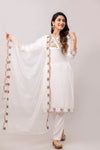 White & Brown Floral Embroidered Rayon Kurta with Trousers & Organza Dupatta-FrionKandy