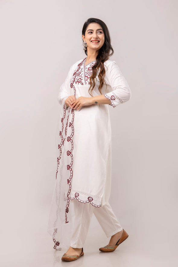 White & Maroon Floral Embroidered Rayon Kurta with Trousers & Organza Dupatta-FrionKandy