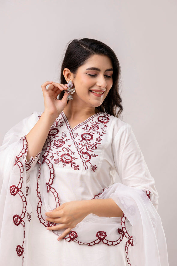 White & Maroon Floral Embroidered Rayon Kurta with Trousers & Organza Dupatta-FrionKandy