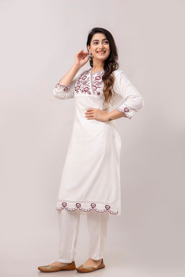 White & Maroon Floral Embroidered Rayon Kurta with Trousers & Organza Dupatta-FrionKandy