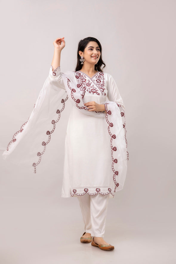 White & Maroon Floral Embroidered Rayon Kurta with Trousers & Organza Dupatta-FrionKandy