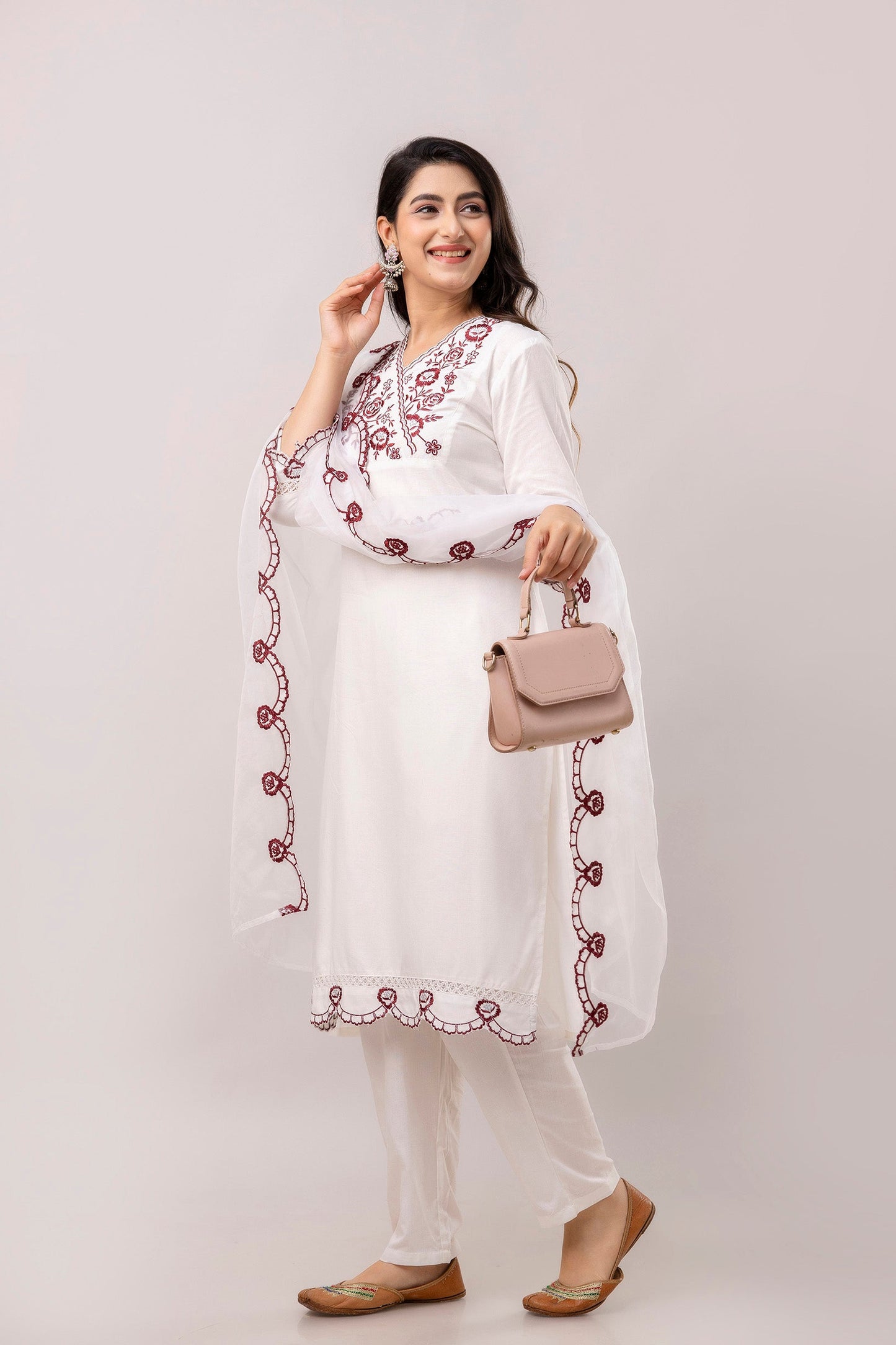 White & Maroon Floral Embroidered Rayon Kurta with Trousers & Organza Dupatta-FrionKandy