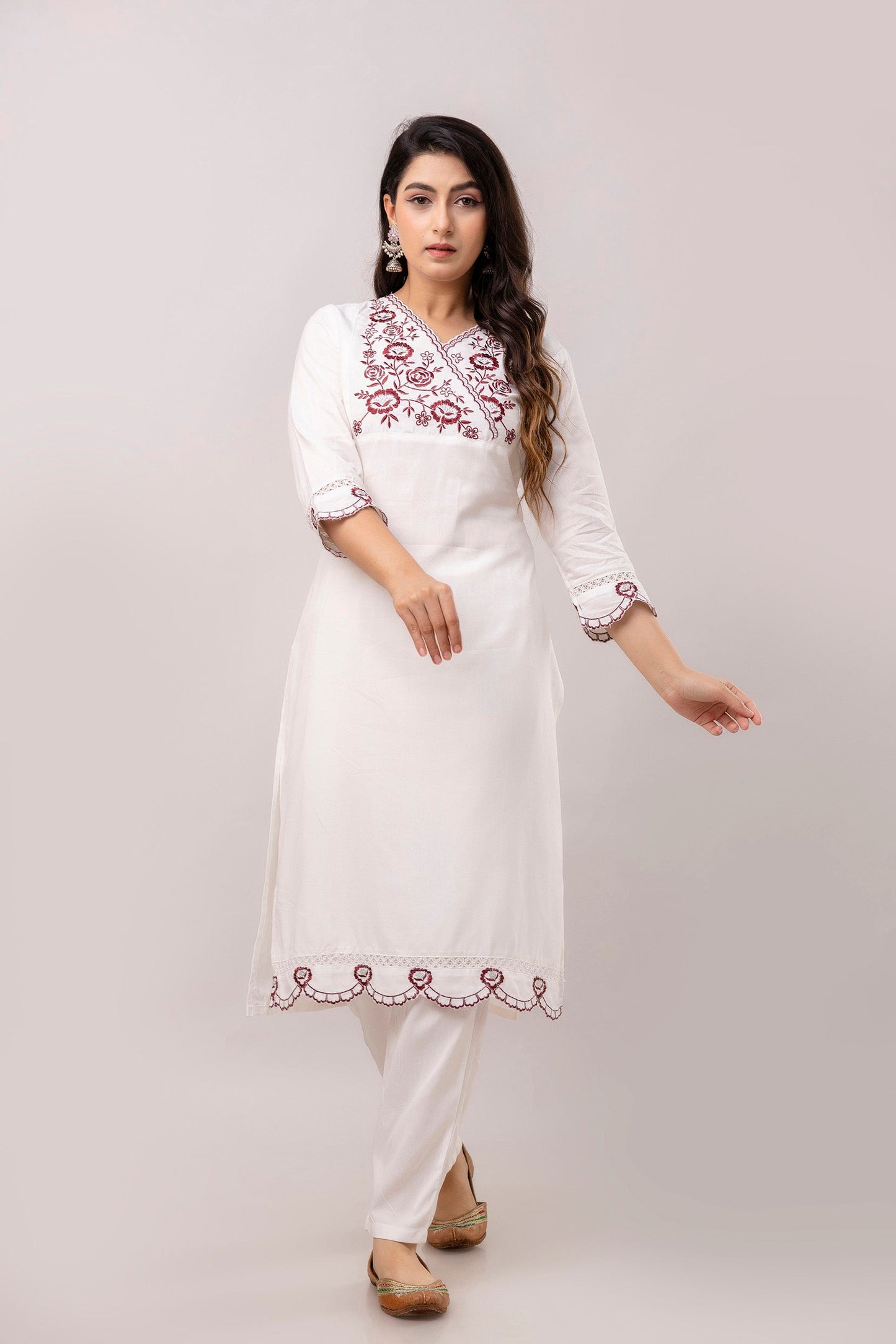 White & Maroon Floral Embroidered Rayon Kurta with Trousers & Organza Dupatta-FrionKandy