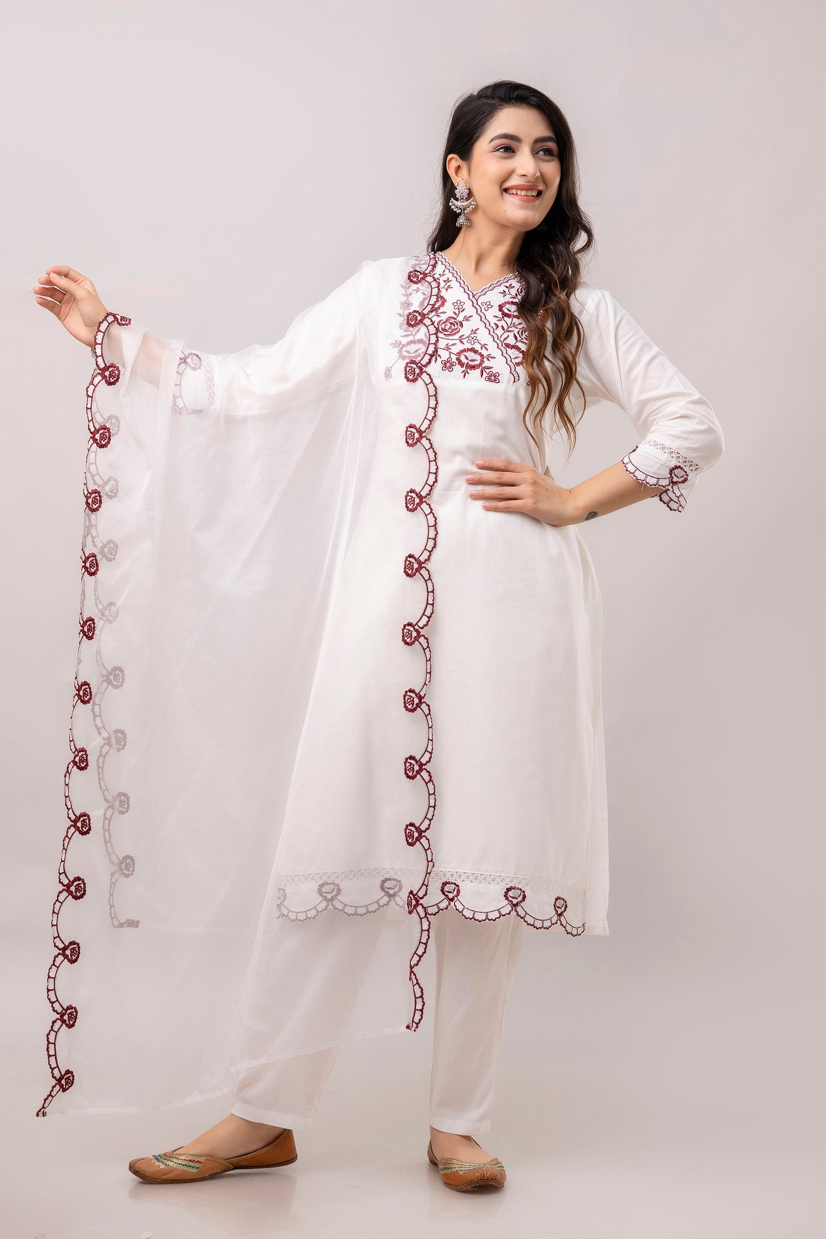 White & Maroon Floral Embroidered Rayon Kurta with Trousers & Organza Dupatta-FrionKandy