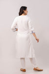 White & Blue Floral Embroidered Rayon Kurta with Trousers & Organza Dupatta-FrionKandy