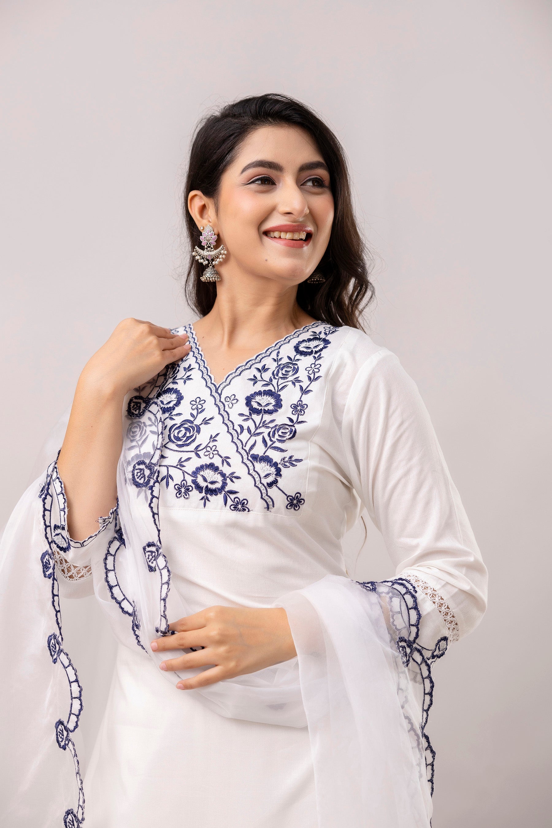 White & Blue Floral Embroidered Rayon Kurta with Trousers & Organza Dupatta-FrionKandy