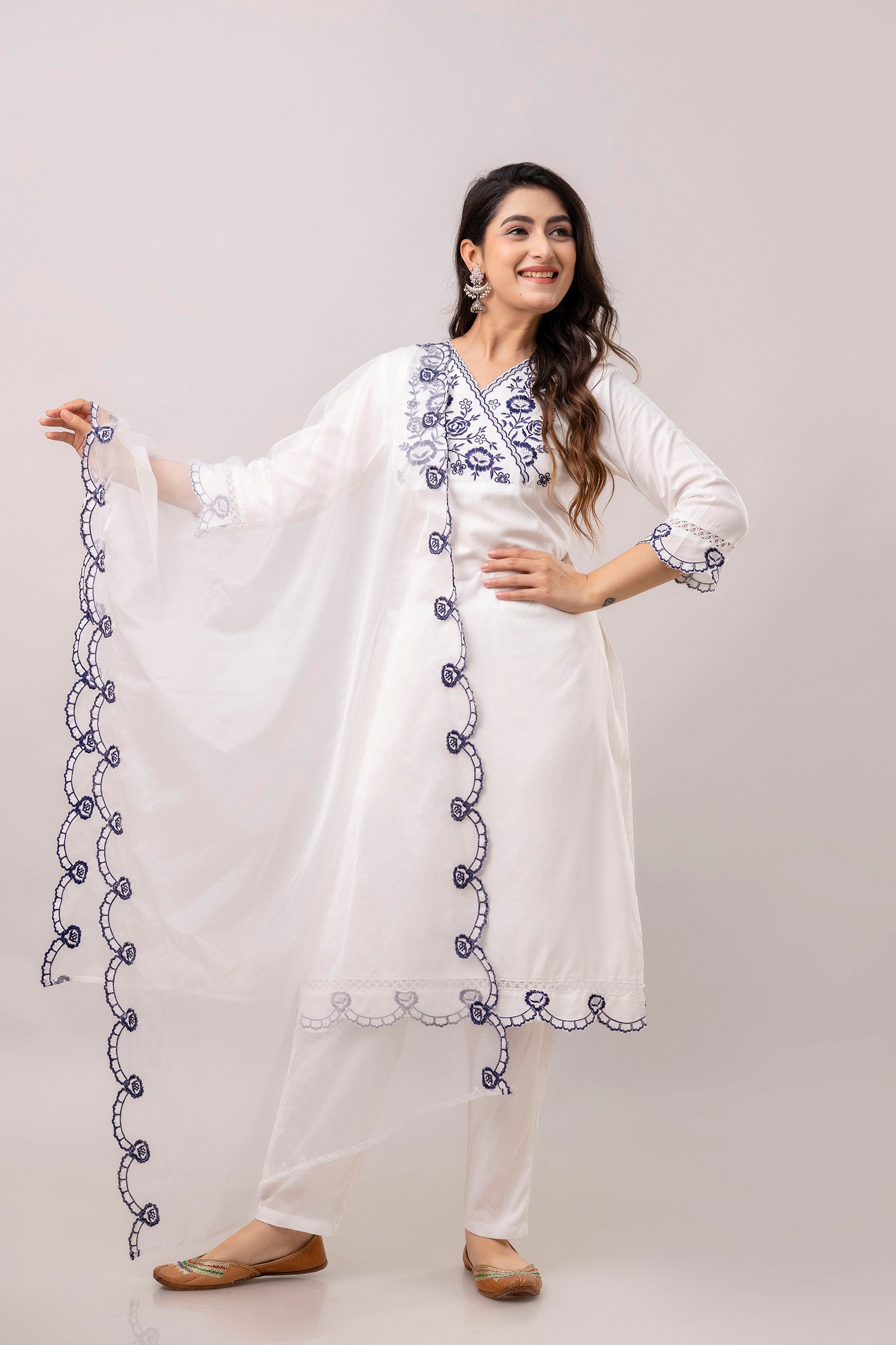 White & Blue Floral Embroidered Rayon Kurta with Trousers & Organza Dupatta-FrionKandy