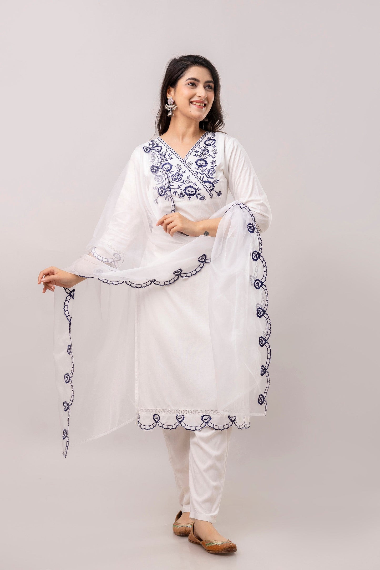 White & Blue Floral Embroidered Rayon Kurta with Trousers & Organza Dupatta-FrionKandy