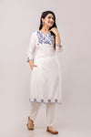 White & Blue Floral Embroidered Rayon Kurta with Trousers & Organza Dupatta-FrionKandy