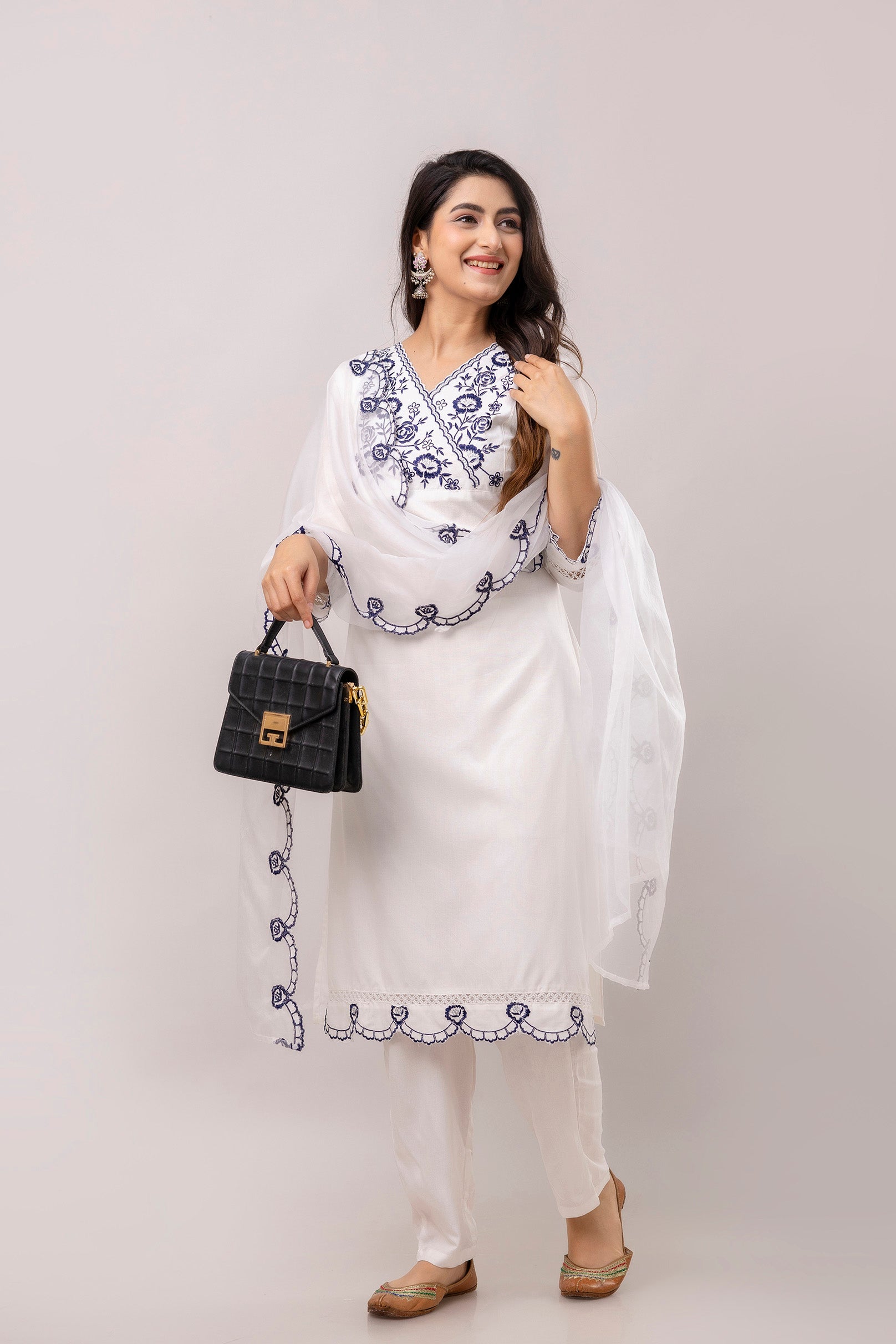 White & Blue Floral Embroidered Rayon Kurta with Trousers & Organza Dupatta-FrionKandy