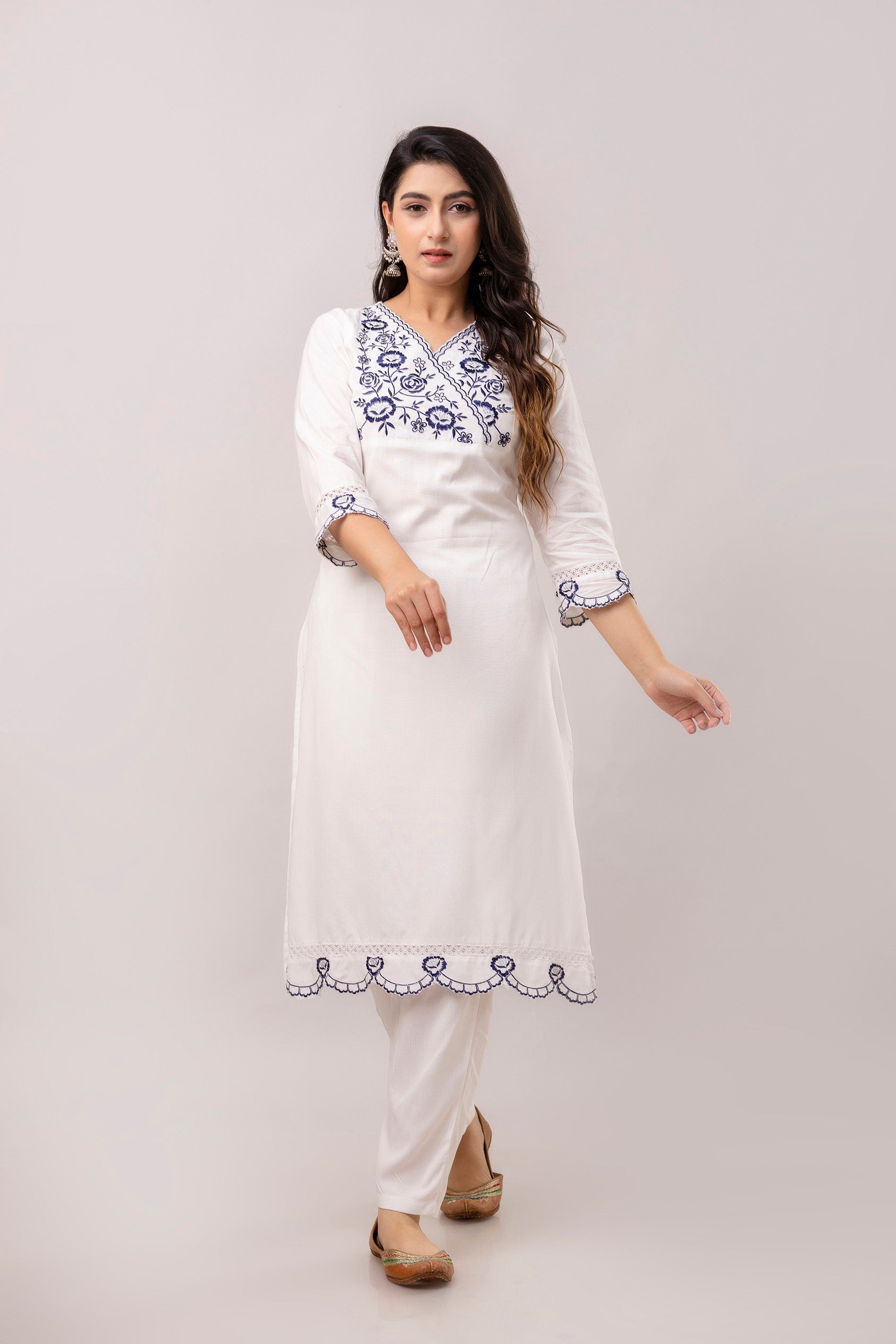 White & Blue Floral Embroidered Rayon Kurta with Trousers & Organza Dupatta-FrionKandy