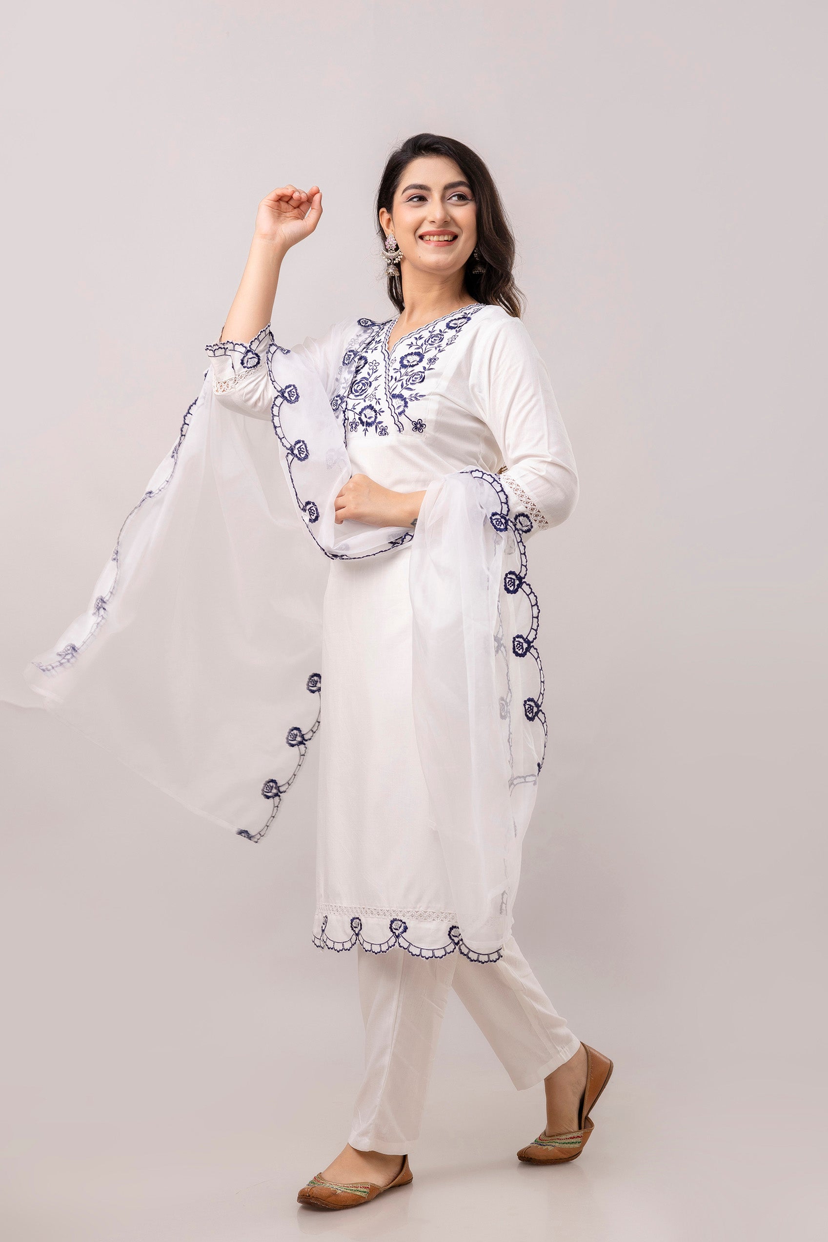 White & Blue Floral Embroidered Rayon Kurta with Trousers & Organza Dupatta-FrionKandy