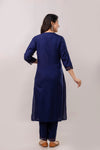 Women Navy Blue Floral Brush Painted Kurta with Trousers & Dupatta