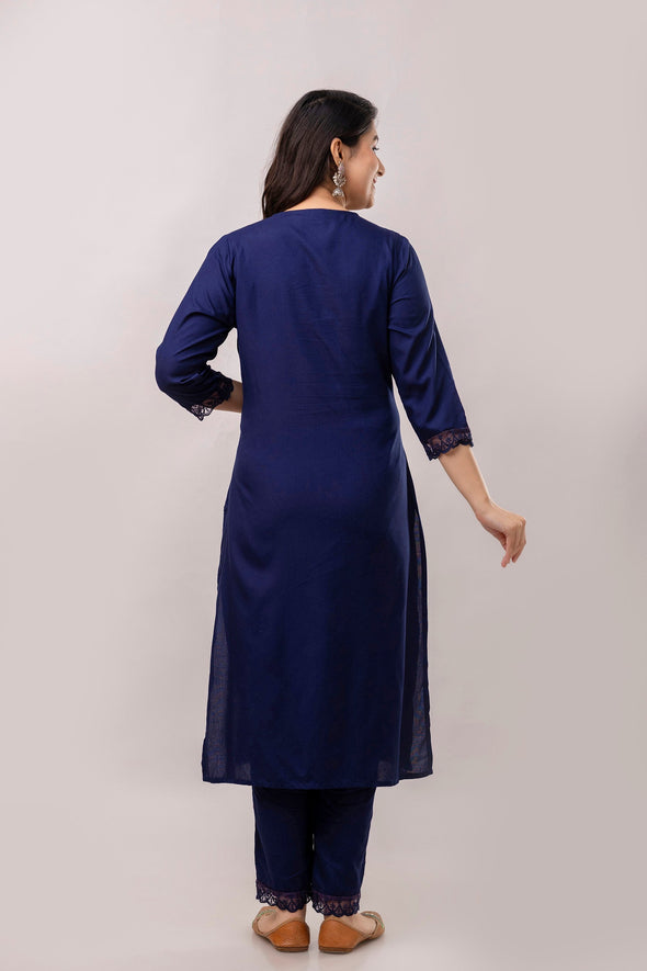 Women Navy Blue Floral Brush Painted Kurta with Trousers & Dupatta