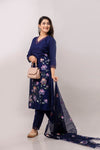 Women Navy Blue Floral Brush Painted Kurta with Trousers & Dupatta