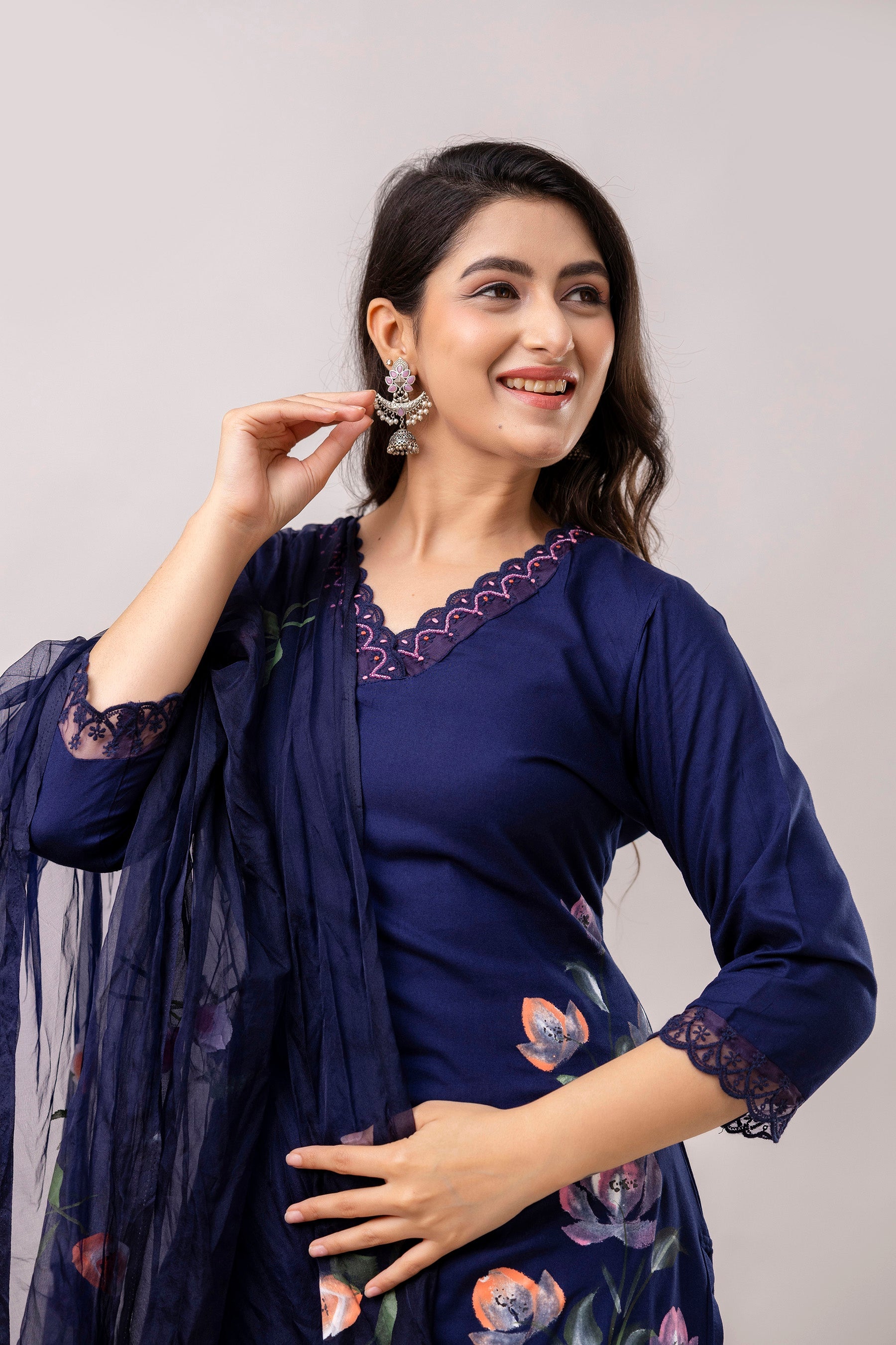 Women Navy Blue Floral Brush Painted Kurta with Trousers & Dupatta