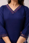 Women Navy Blue Floral Brush Painted Kurta with Trousers & Dupatta