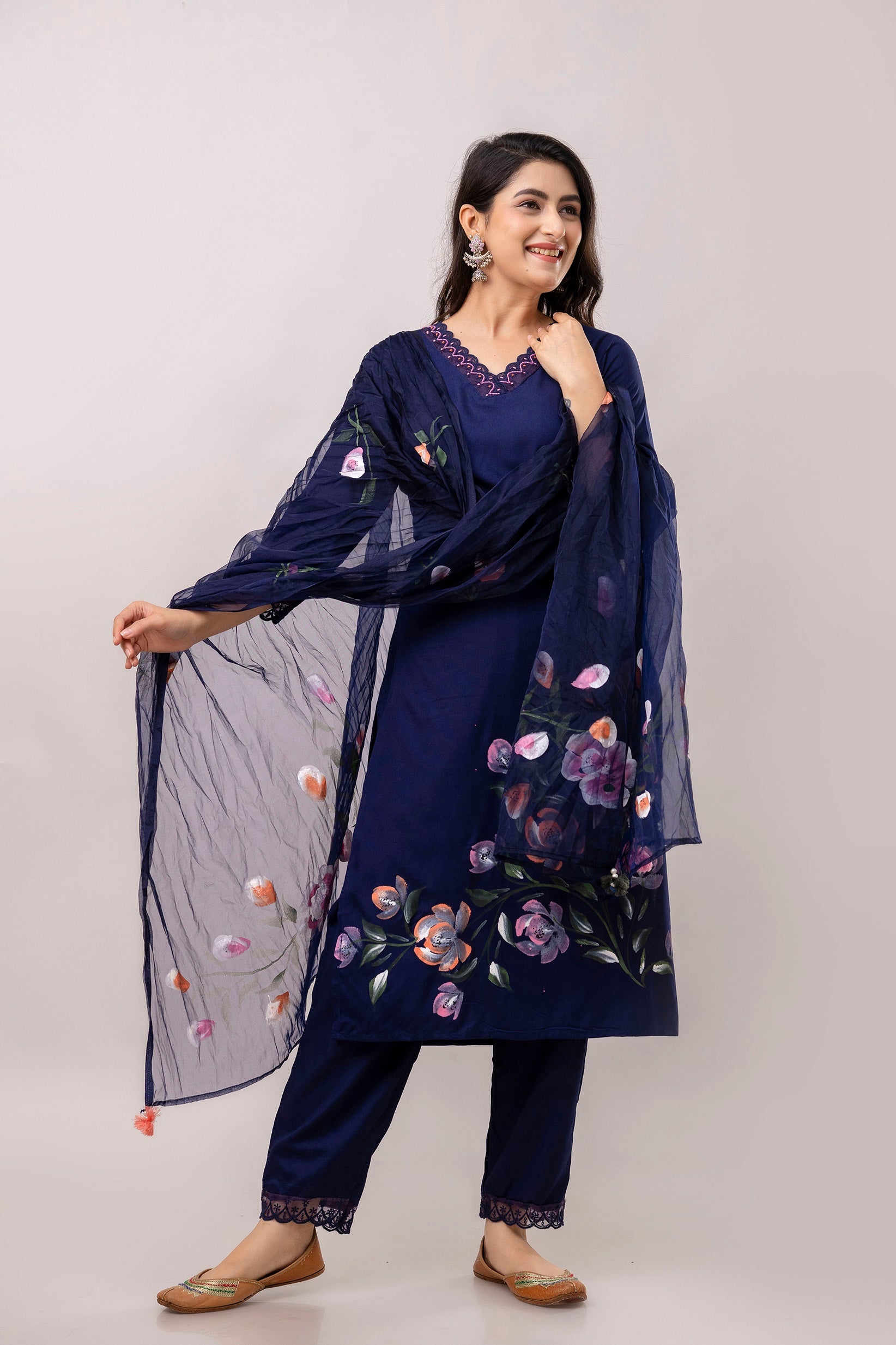 Women Navy Blue Floral Brush Painted Kurta with Trousers & Dupatta