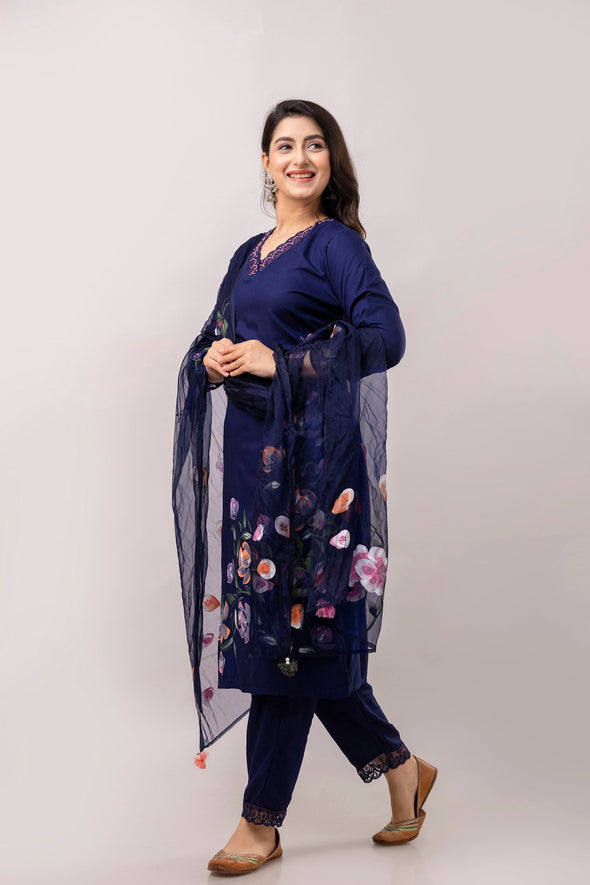 Women Navy Blue Floral Brush Painted Kurta with Trousers & Dupatta