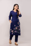 Women Navy Blue Floral Brush Painted Kurta with Trousers & Dupatta