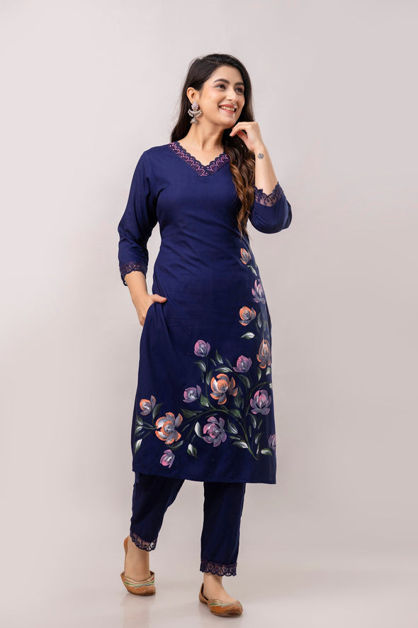 Women Navy Blue Floral Brush Painted Kurta with Trousers & Dupatta